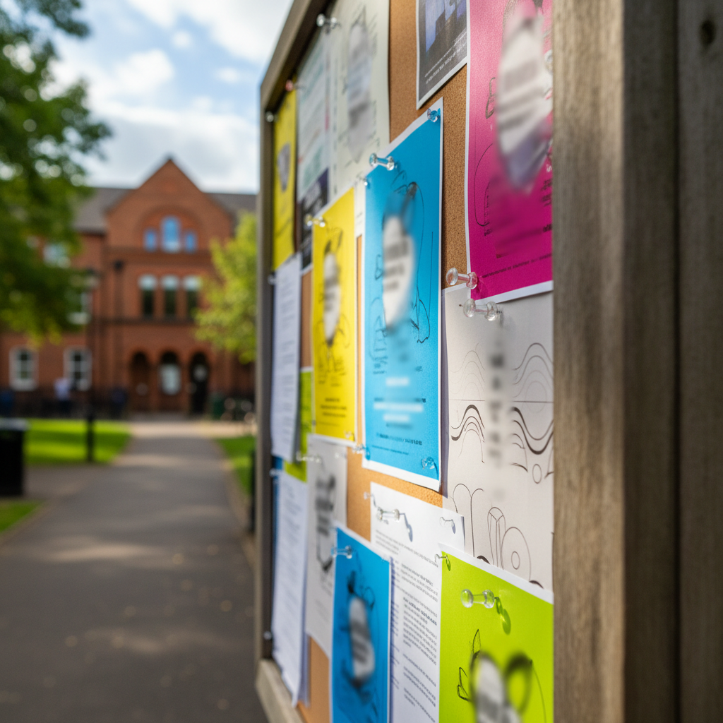 A close-up photographic scene of a Medway community noticeboard at the edge of a small urban park, with multiple colorful paper flyers and neutral-toned sheets pinned under clear thumbtacks. Any visible shapes are abstract or blurred so no readable text appears, while a distinctive local brick building and a gently curving pathway are softly out of focus in the background. Late afternoon sunlight filters through nearby trees, casting dappled light and shadow across the board’s wooden frame. Shot at a slight angle with shallow depth of field, the central cluster of papers is crisp and detailed, emphasizing textures and edges. The mood is local, informative, and community-focused, ideal for stories about events, announcements, and community updates in Medway.